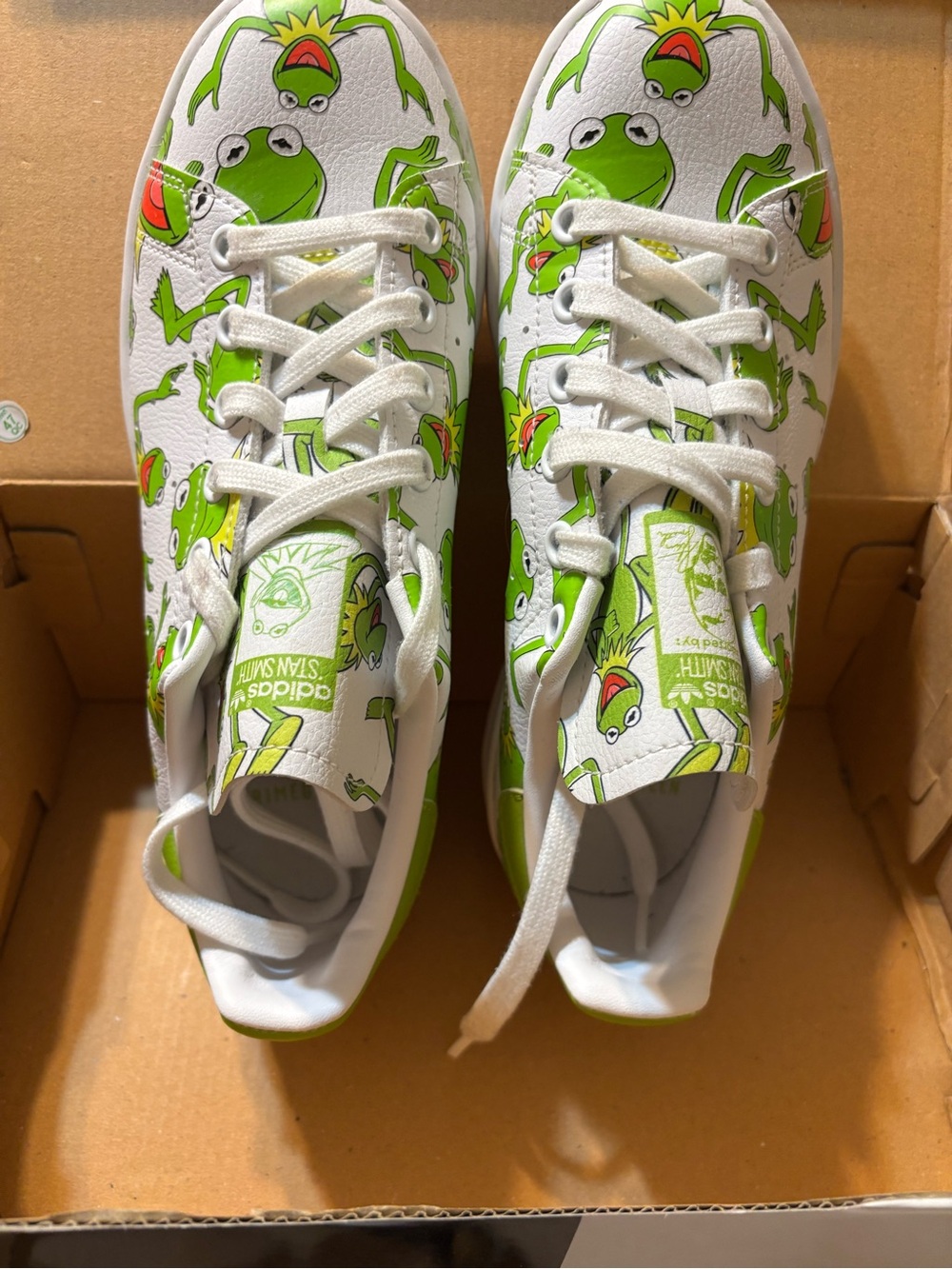 adidas Stan Smith Muppets White & Bright Green Kermit Print Sneakers 4.5 6.5